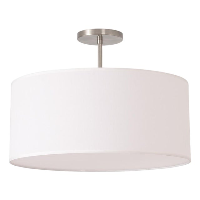 Stretch Semi Flush Mount - Satin Nickel Steel, Drum White Linen Shade, Dimmable, Modern Style For Sale