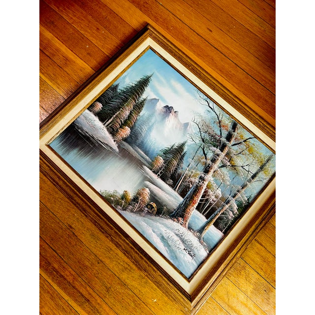 1950s 1950s Original Signed M. Scott Textured Winter Mountain Landscape Oil Painting By, Framed For Sale - Image 5 of 13