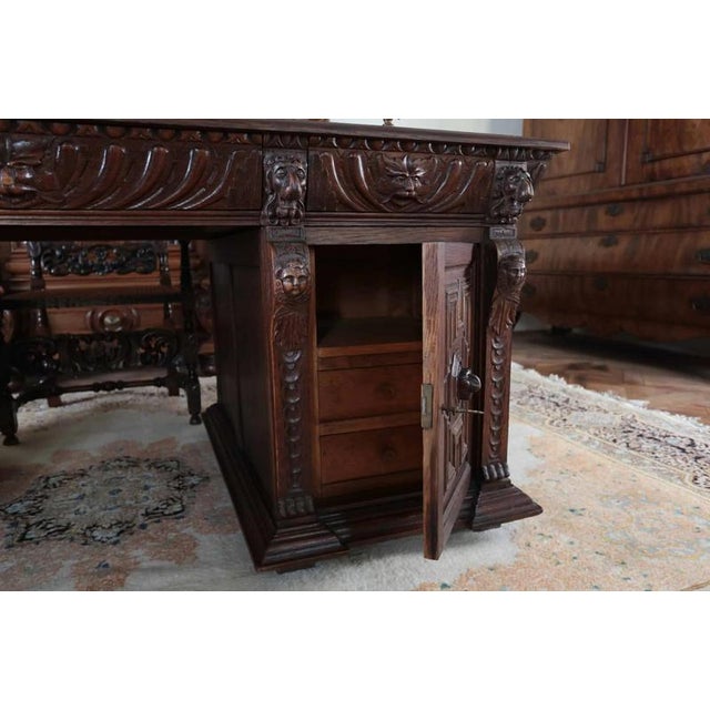 Neo-Renaissance Oak Double-Sided Writing Desk For Sale - Image 6 of 8