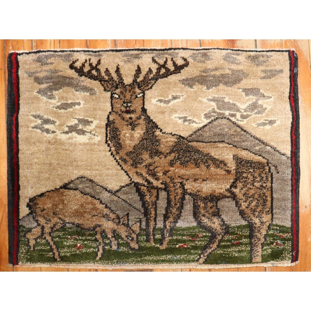 Vintage Zabihi Collection Reindeer Turkish Mini Rug - 1'5" x 1'11" For Sale - Image 4 of 5