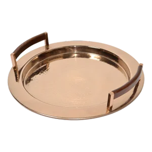 1990s Williams Sonoma Round Hammered Copper Serving Tray Leather Handles Ottoman Tray