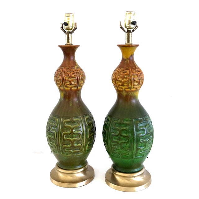 Mid Century Modern Green & Amber Ceramic Table Lamps - a Pair For Sale - Image 9 of 9