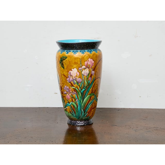 Yellow French Majolica Vase With Rooster, Irises, and Butterfly, Circa 1900 For Sale - Image 8 of 9