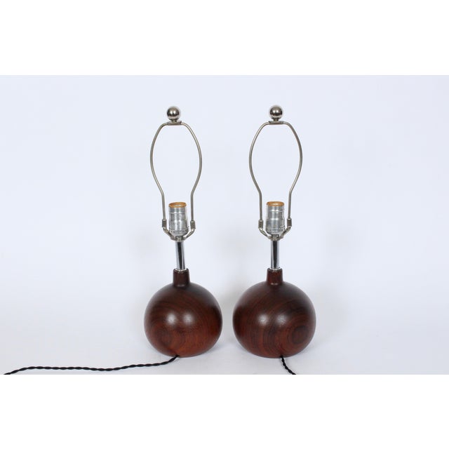 1970's Solid Staved Deep Teak "Onion" Table Lamps - A Pair For Sale - Image 12 of 13