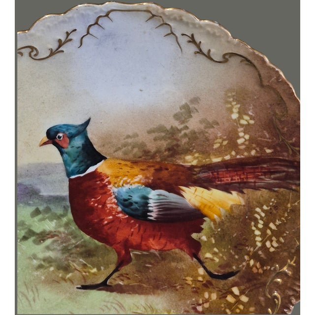 Antique Limoges French Hand Painted Gilded Pheasant Scalloped Edge Wall Plate For Sale - Image 6 of 10