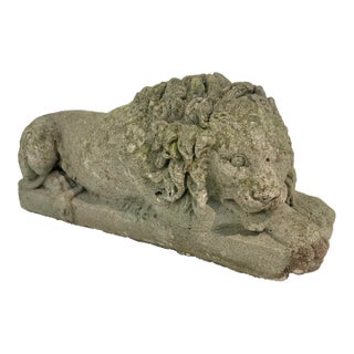 Vintage Weathered Concrete Recumbent Lion Garden Sculpture 16.5” For Sale