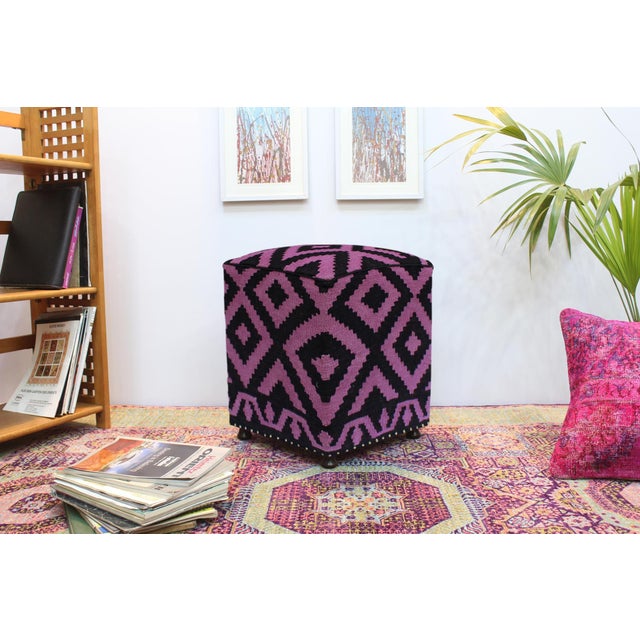 1990s Boho Chic Tribal Handmade Kilim Upholstered Ottoman For Sale - Image 9 of 9