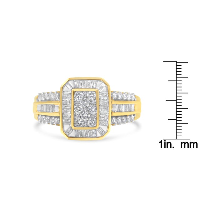 Metal 10K Yellow Gold Round and Baguette-Cut Diamond Cocktail Ring (1.0 Cttw, H-I Color, SI2-I1 Clarity) - Size 7 For Sale - Image 7 of 7