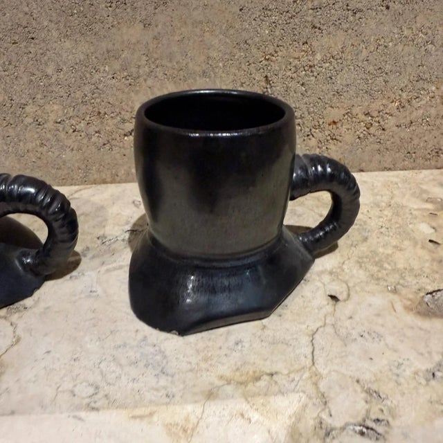 Ceramic Modern Pottery Coffee Mugs by Unknown Artist, Textured Black, 1983 For Sale - Image 7 of 12
