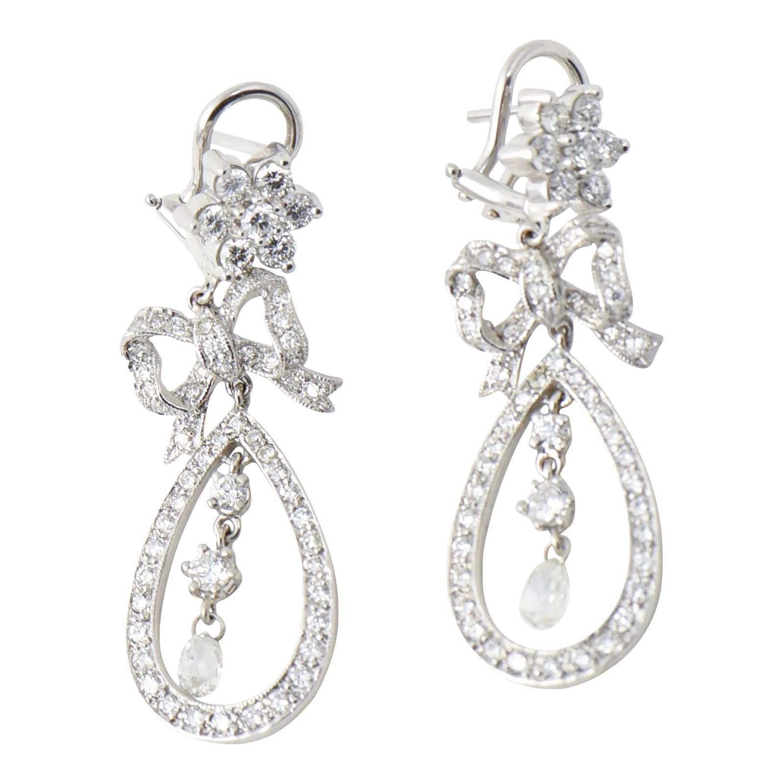 Belle Époque Style Diamond Bow and Flower Dangling White Gold Earrings