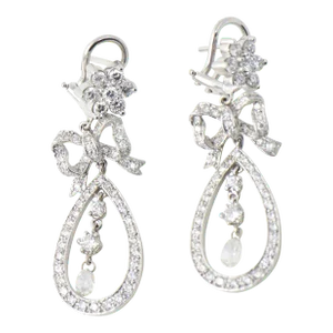 Belle Époque Style Diamond Bow and Flower Dangling White Gold Earrings - 2 Pieces
