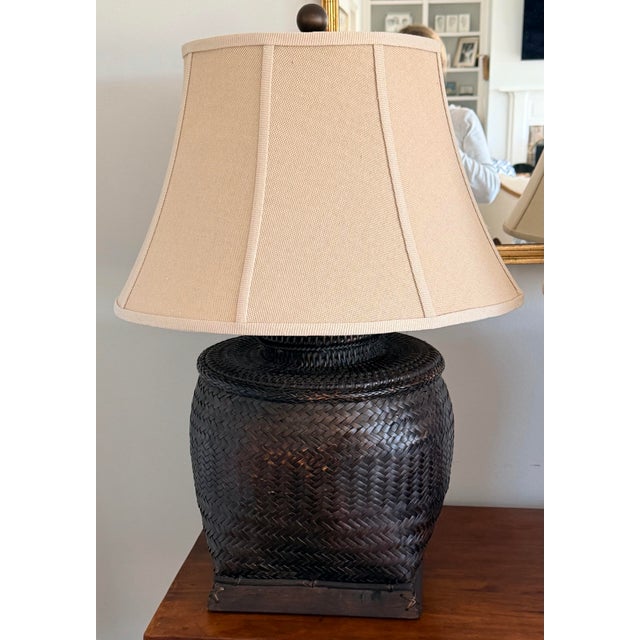 English 1990s Monumental Antique Rice Bin Woven Rattan Table Lamps by the Natural Light - a Pair For Sale - Image 3 of 12