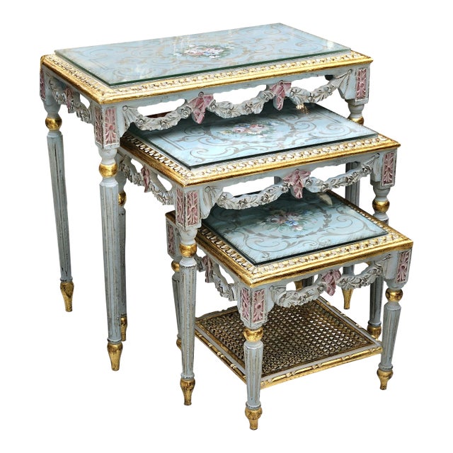 French Style Nesting Tables – Set of 3 With Glass Tops, Soft Blue Finish & Gold Leaf Details For Sale