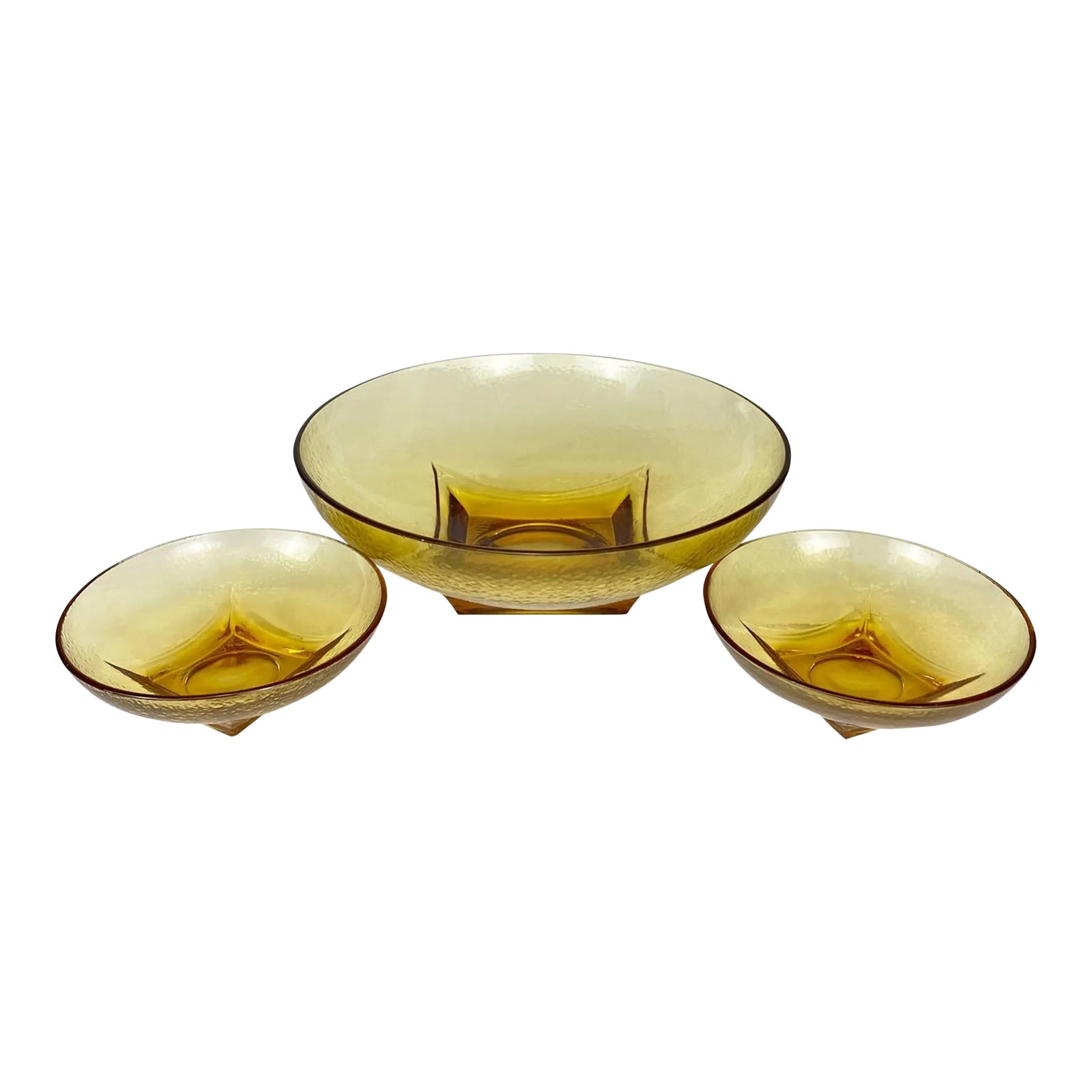 MidCentury Amber Ripple Art Glass Serving Pedestal Bowls Set of 3