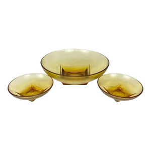 Mid-Century Amber Ripple Art Glass Serving Pedestal Bowls - Set of 3