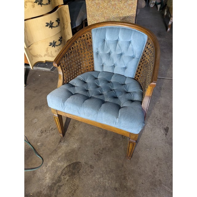 Blue Mid 20th Century Blue Tufted Cane Back Barrel Chair For Sale - Image 8 of 13