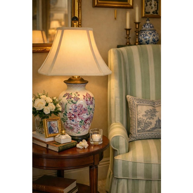 Chinoiserie Vintage Hand‑Painted Chinese Peony Porcelain Ginger Jar Lamp With Vintage Silk Shade for Palm Beach Chic, Grandmillennial & Chinoiserie - See Pics! For Sale - Image 3 of 11