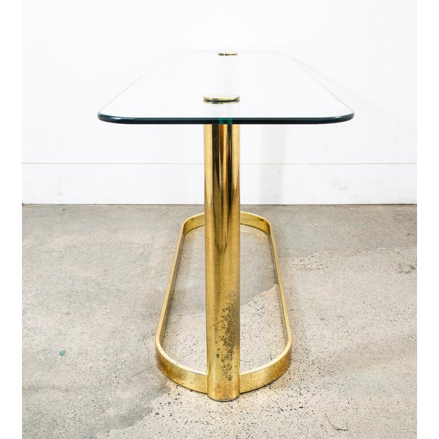 1970s Mid Century Modern Console Table Entry Sofa Metal Brass Glass Vintage Floating For Sale - Image 5 of 12
