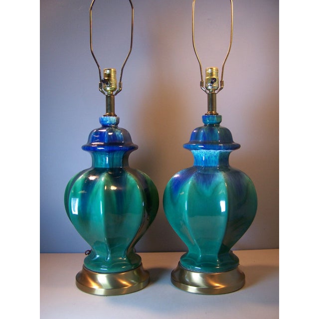 MidCentury Green Drip Glaze Lamps A Pair Chairish
