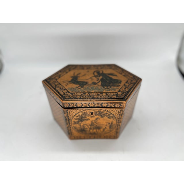 Wood C. 1870 Antique English Tunbridge Ware & Penwork Regency Tea Caddy Box For Sale - Image 7 of 11