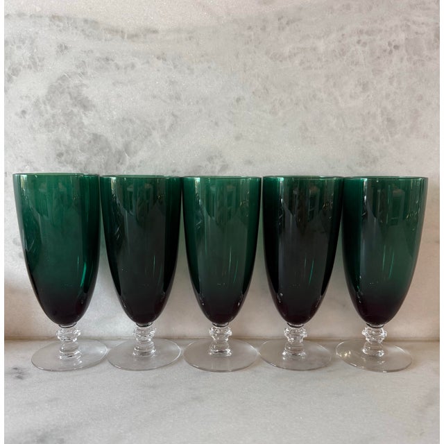 Set of 5 vintage Tiffin-Franciscan Killarney green iced tea or footed tumblers circa 1950 featuring a cut knob stem and...