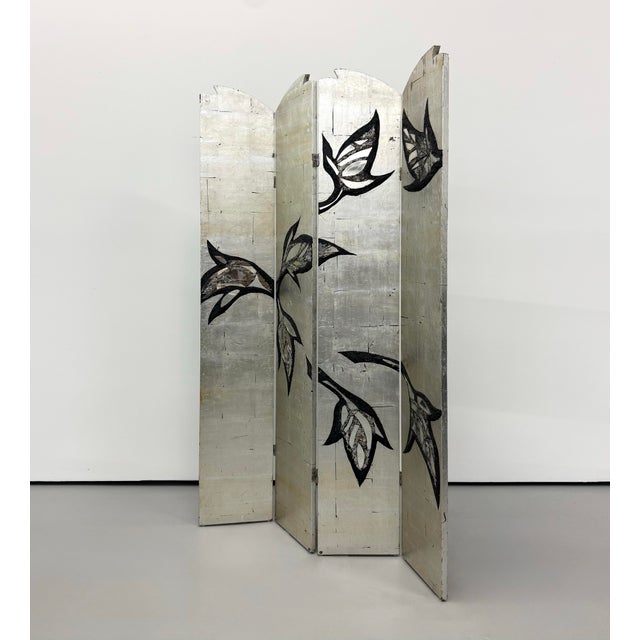 Mid 20th Century Vintage Midcentury Silver Leaf Botanical Folding Screen With Mirrored Inlays For Sale - Image 5 of 7