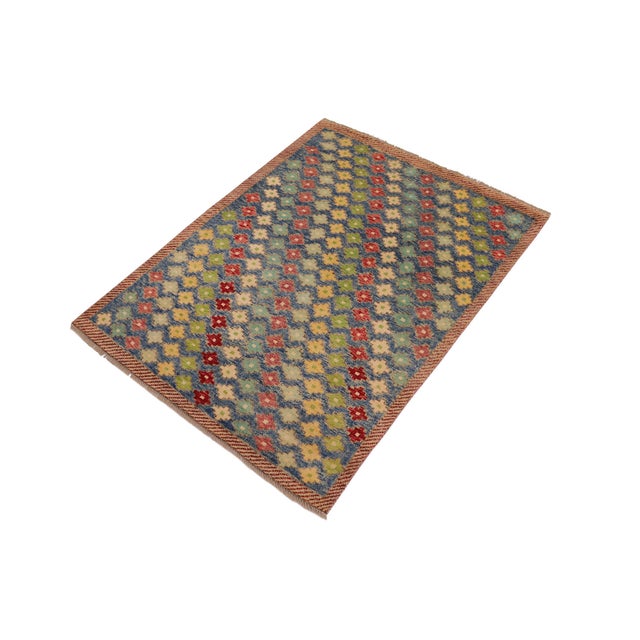 Abstract Modern Balochi Blue/Red Wool Rug - 4'2''x6'1'' For Sale - Image 3 of 11