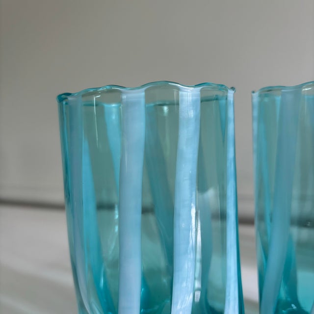 Riviera Blue Striped Italian Murano Glass Tumbler Glasses With Scalloped Rim Set of 6 For Sale - Image 9 of 10