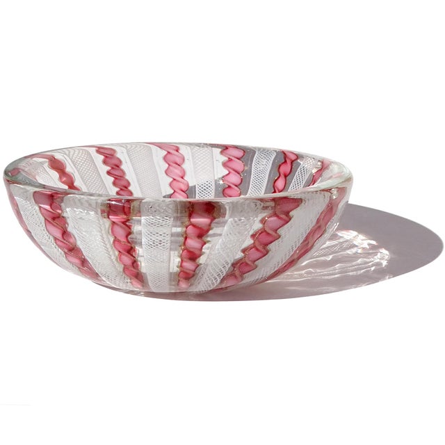 Beautiful vintage Murano hand blown pink, white and copper aventurine twisted Zanfirico ribbons Italian art glass...