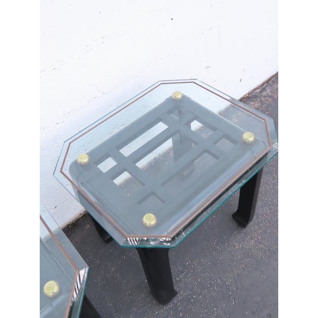 Hollywood Regency Black Painted Glass Top Side Tables a Pair 6901 For Sale - Image 4 of 18
