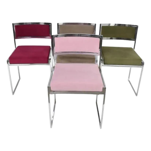 Set of 4 Chrome & Velvet "Sq-Al" Dining Chairs by Willy Rizzo, Italy, 1970s For Sale