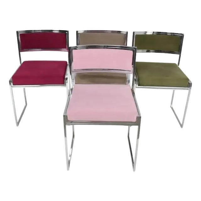 Set of “Sq-Al” Dining Chairs by Willy Rizzo, Chrome and Velvet, Italy, 1970s For Sale
