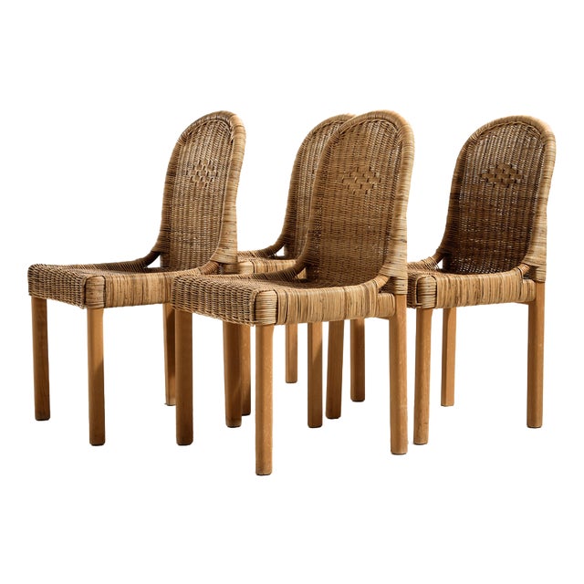 Oak and Rattan Chairs, 1970s, Set of 4 For Sale