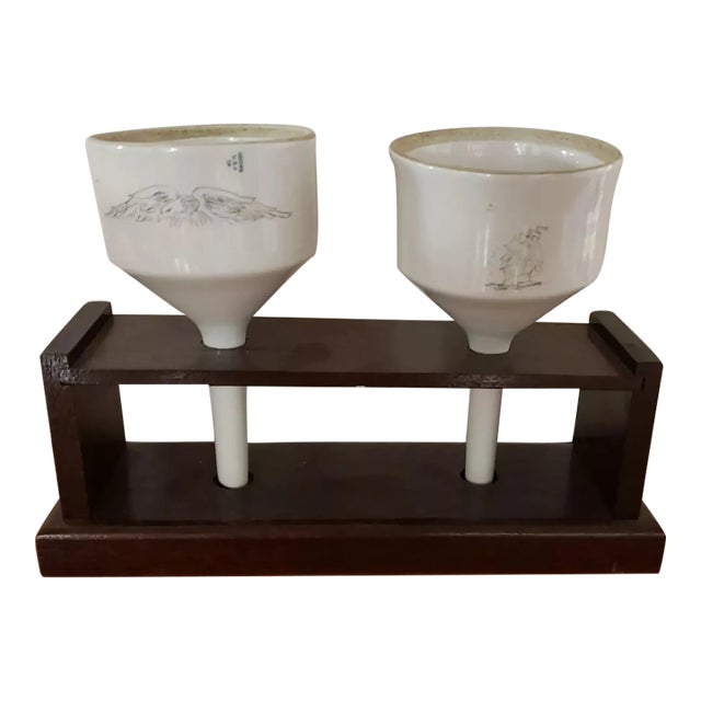 Pair of 1970s Coors Porcelain Scrimshaw Style Buchner Funnels in Wooden Stand For Sale
