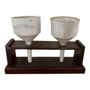 Pair of 1970s Coors Porcelain Scrimshaw Style Buchner Funnels in Wooden Stand