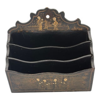 Late 19th Century Chinoiserie or Japanese Victorian Letter Holder or Wall Pocket Black Lacquer For Sale