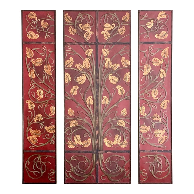 Oversized Burgundy Gold Tree of Life Wood Wall Art – 3-Piece Sculpture Decor For Sale