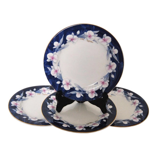 Designer Cobalt Blue Porcelain Plates, Wedding Gift, Signed Yumi Katsura - Set of 4 For Sale
