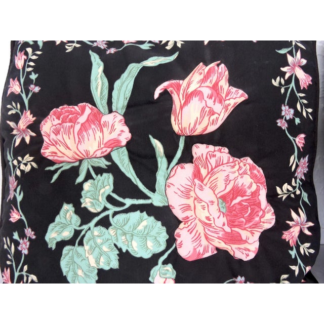 English English Country Cottage Black Pillows (Cushions) With Raised Pink Tulips and Roses - A Pair For Sale - Image 3 of 6