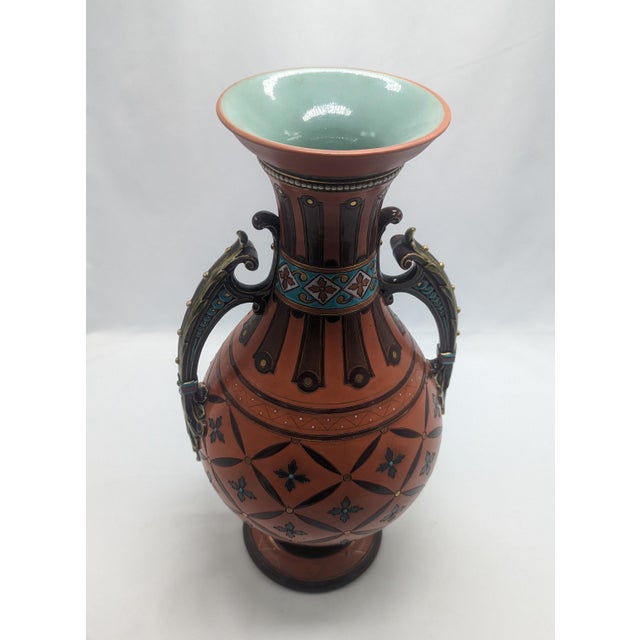 Art Nouveau large vase with handles. Incised on bottom, Mettlach, Germany. 1900. Amazing workmanship and attention to...