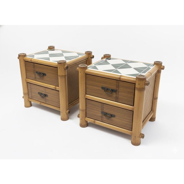 English Mid-Century Modern Bamboo and Rattan Nightstands With Geometric Tile Tops - Pair For Sale - Image 3 of 6