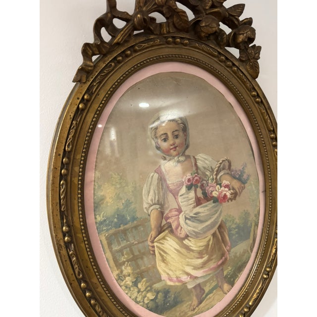 Antique Papier Peint Garden Scene in a Water-Gilded Wood Frame At the center of this frame is a hand-colored papier peint...