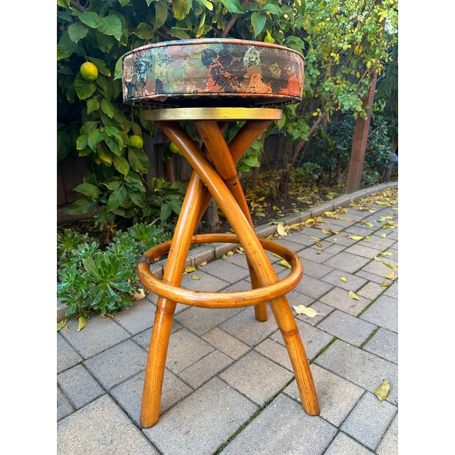 1950s Mid-Century Swivel "Spiral" Leg Rattan & Brass Barstools,- Set of 2 For Sale - Image 12 of 15