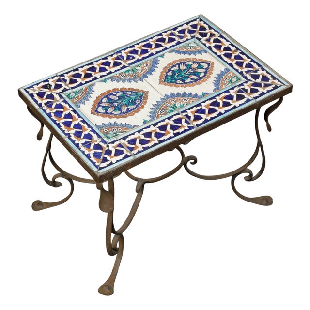 Midcentury Italian Wrought-Iron Coffee Table with Tile Top and Scrolling Base For Sale