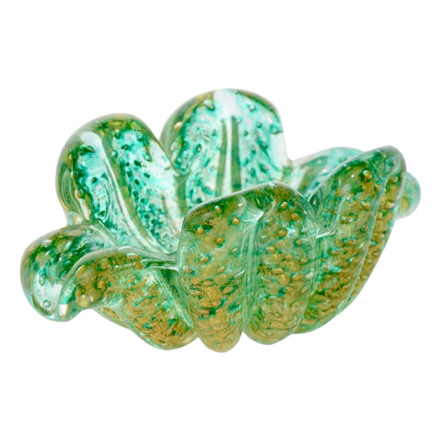 Murano Aqua Gold Barovier Toso Glass Bowl For Sale