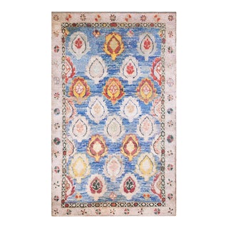 1920s Ivory Geometric Tribal Antique Cotton Agra Rug 4'2" X 6'9" Handknotted Carpet For Sale