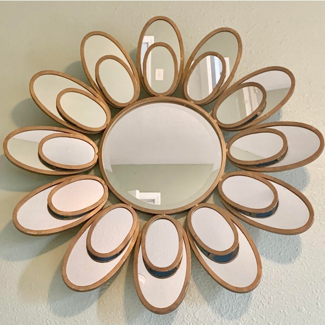 Oversized 360° Multi-Angle Reflection, 2-Tiered Sculptural Sunburst Flower Mirror - McM, Hollywood Regency Style Deep Beveled Glass Mirror For Sale - Image 4 of 10