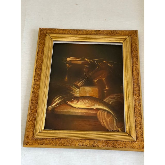 Modern 1990s Original Still Life With Fish Oil Painting in Antique Frame For Sale - Image 3 of 4