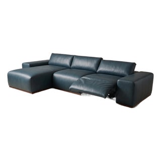 Floating Blue Leather Sofa With Manual Recliner For Sale