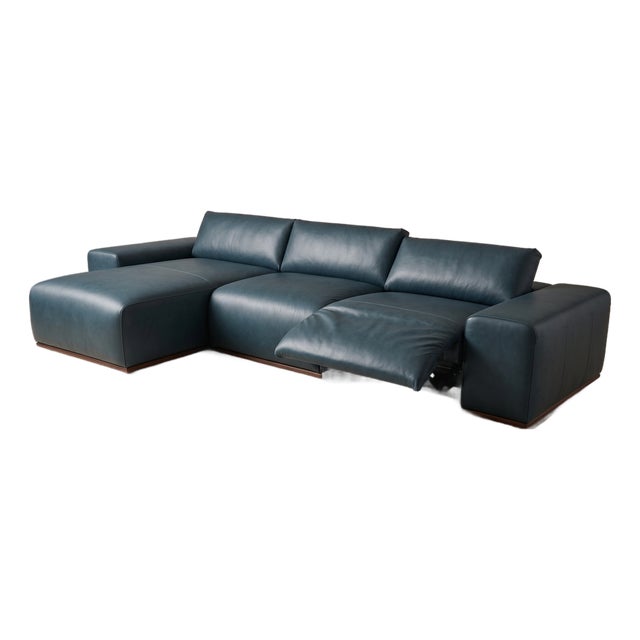 Floating Blue Leather Sofa With Manual Recliner For Sale
